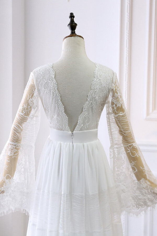 Chic Empire Lace Tulle Beach Wedding Dress | Long Sleeves V-Neck Appliques Bridal Gowns