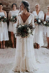 Chic Empire Lace Tulle Wedding Dress | Long Sleeves V-Neck Appliques Bridal Gowns