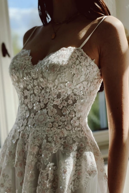 Chic Garden Spaghetti Straps A-Line Lace Bridal Gowns