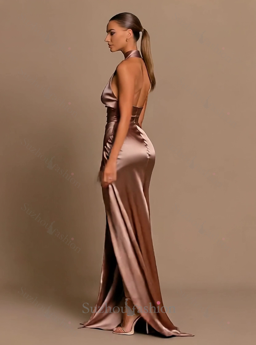 Chic High Neck Sleeveless Evening Prom Dresses Mermaid Slit Long Online