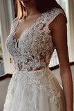 Chic Ivory A-Line Floor Length V-Neck Garden Lace Bridal Gowns
