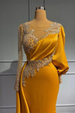 Chic Jewel Asymmetric Beading Long Sleeves Evening Prom Dresses with Appliques
