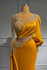 Chic Jewel Asymmetric Beading Long Sleeves Evening Prom Dresses with Appliques