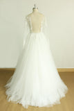 Chic Jewel Longsleeves Tulle Wedding Dress | Appliques Lace A-line Bridal Gowns