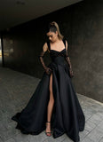 Chic Long Black Lace Sleeveless Prom Dresses With Split