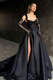 Chic Long Black Lace Sleeveless Prom Dresses With Split