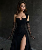 Chic Long Black One Shoulder Sleeveless Lace Prom Dresses With Sit