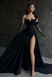Chic Long Black One Shoulder Sleeveless Lace Prom Dresses With Sit