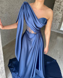 Chic Long Blue One Shoulder Sleeveless Prom Dresses