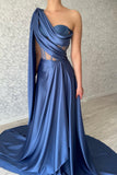 Chic Long Blue One Shoulder Sleeveless Prom Dresses