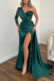 Chic Long Dark Green One Shoulder Long Sleeve Split Prom Dresses With Lace