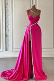 Chic Long Fuchsia One Shoulder Jewels Sleeveless Prom Dresses With Split