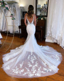 Chic Long Mermaid V-neck Sleeveless Lace Bridal Dress
