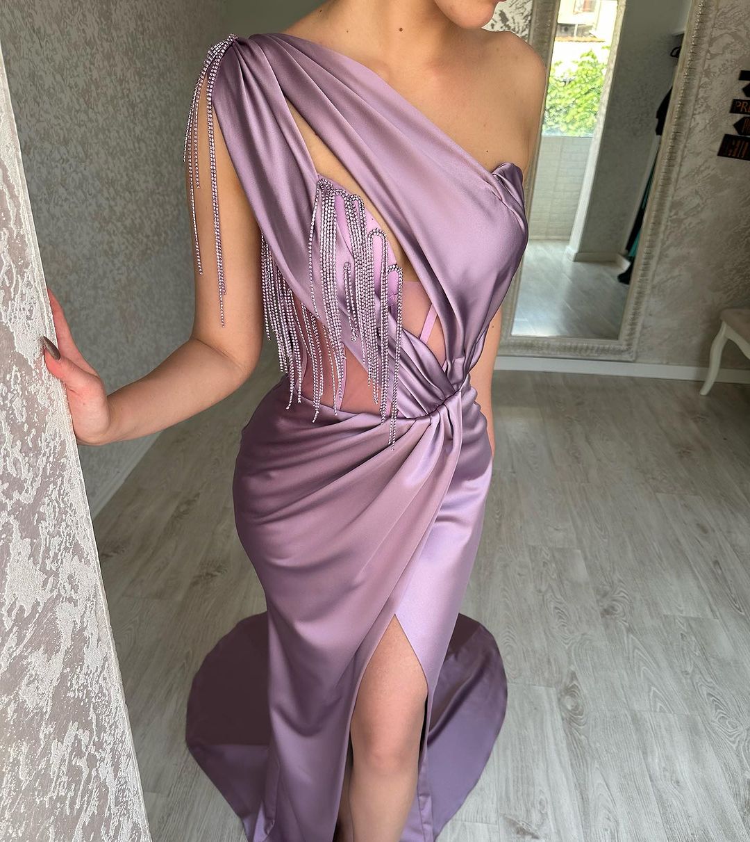 Chic Long Purple One Shoulder Beading Sleeveless Prom Dresses With Split