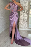 Chic Long Purple One Shoulder Beading Sleeveless Prom Dresses With Split