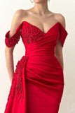 Chic Long Red Mermaid Off-the-shoulder Lace Prom Dresses