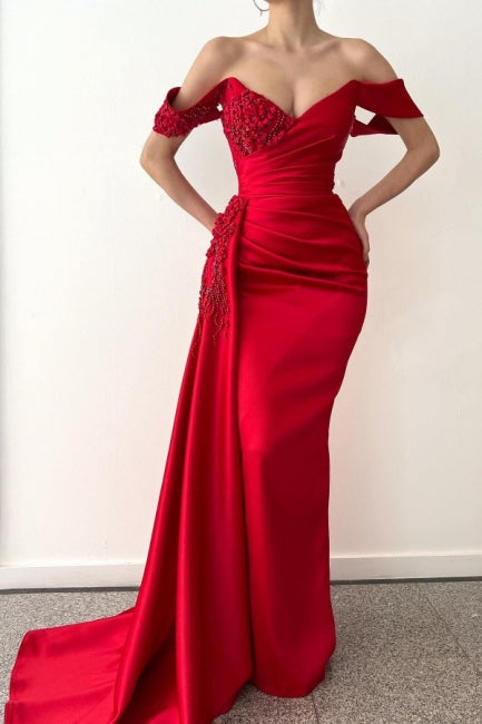 Chic Long Red Mermaid Off-the-shoulder Lace Prom Dresses