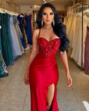 Chic Long Red Spaghetti Straps Sequined Lace Sleeveless Prom Dresses With Split