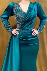 Chic Long Satin V-neck Mermaid Evening Prom Dresses With Beading