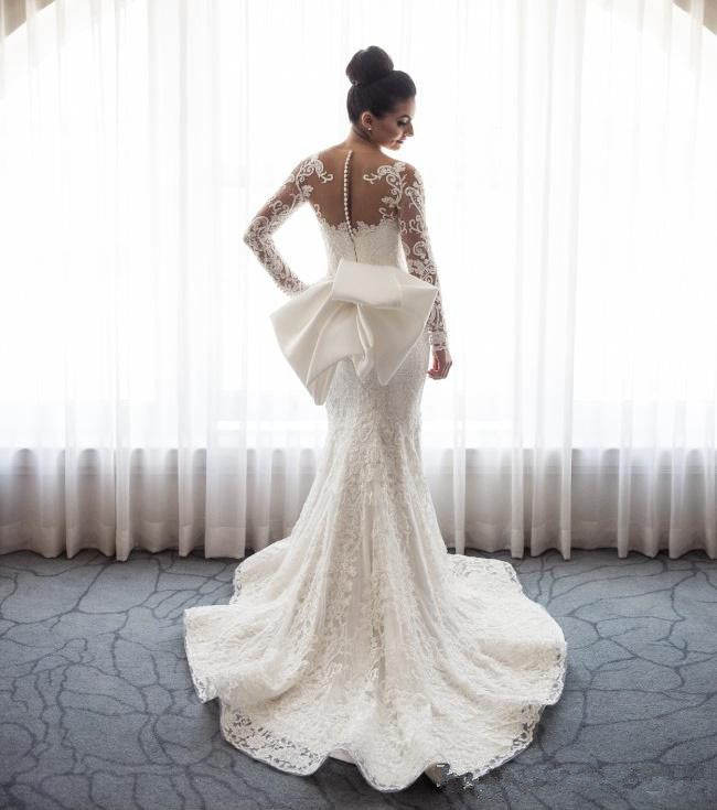 long sleeve mermaid wedding dress with detachable train Luxury Mermaid Wedding Dresses Detachable Train Long Sleeves Applique Bride Gown