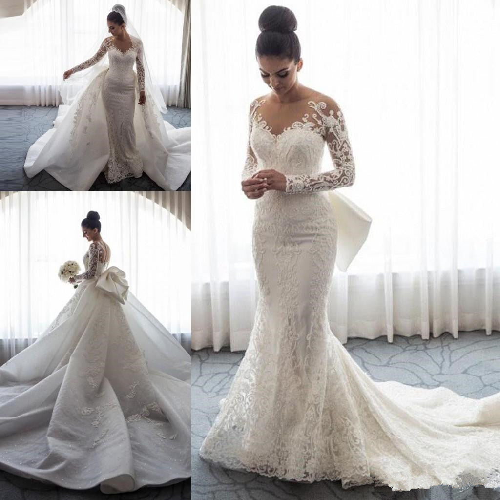 Chic Long Sleeve Mermaid Lace Beach Wedding Dress With Detachable Train