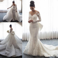 Chic Long Sleeve Mermaid Lace Beach Wedding Dress With Detachable Train