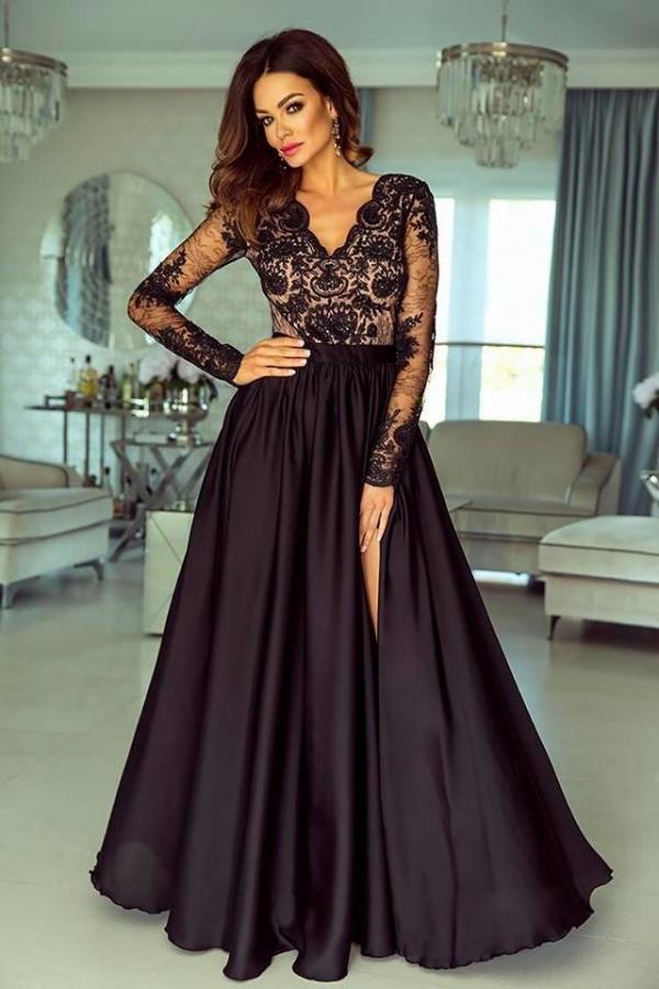Chic Long Sleeves Black V Neck Lace Side-Split Prom Dresses