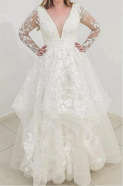 Chic Long Sleeves V-Neck Garden Lace A-Line Bridal Gowns