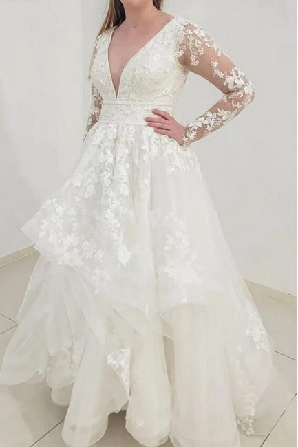 Chic Long Sleeves V-Neck Garden Lace A-Line Bridal Gowns