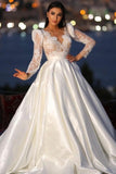 Chic Long Sleeves V-neck Satin Bridal Gowns with Lace