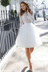 Chic Long Sleeves White Short Weddng Party Dress Tulle Ankle Length Simple Bridal Dress