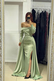 Chic Long Strapless Front Split Satin Mermaid Evening Prom Dresses With Long Sleeves