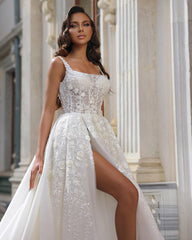 Chic Long White Straps Sleeveless Lace Bridal Dress With Split