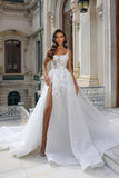 Chic Long White Straps Sleeveless Lace Bridal Dress With Split