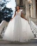 Chic Long White V-neck Sleeveless Bridal Dress With Lace
