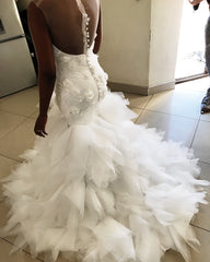 Chic Mermaid Tulle Ruffles Wedding Dress Sleeveless Flowers Bridal Gowns On Sale