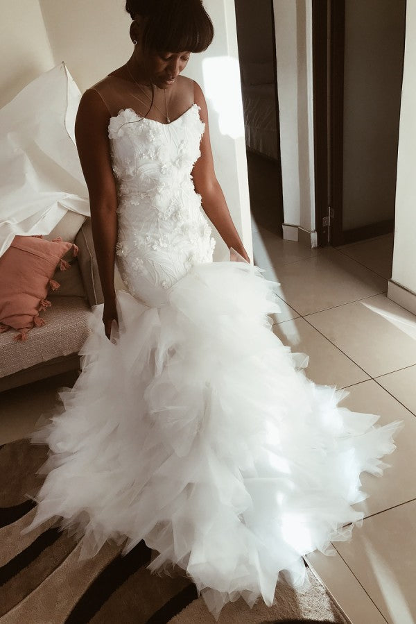 Chic Mermaid Tulle Ruffles Wedding Dress Sleeveless Flowers Bridal Gowns On Sale
