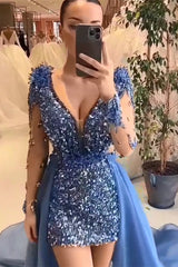 Chic Mini V-Neck Long Sleeveless Sheath Sequined Prom Dresses