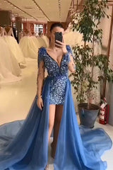 Chic Mini V-Neck Long Sleeveless Sheath Sequined Prom Dresses