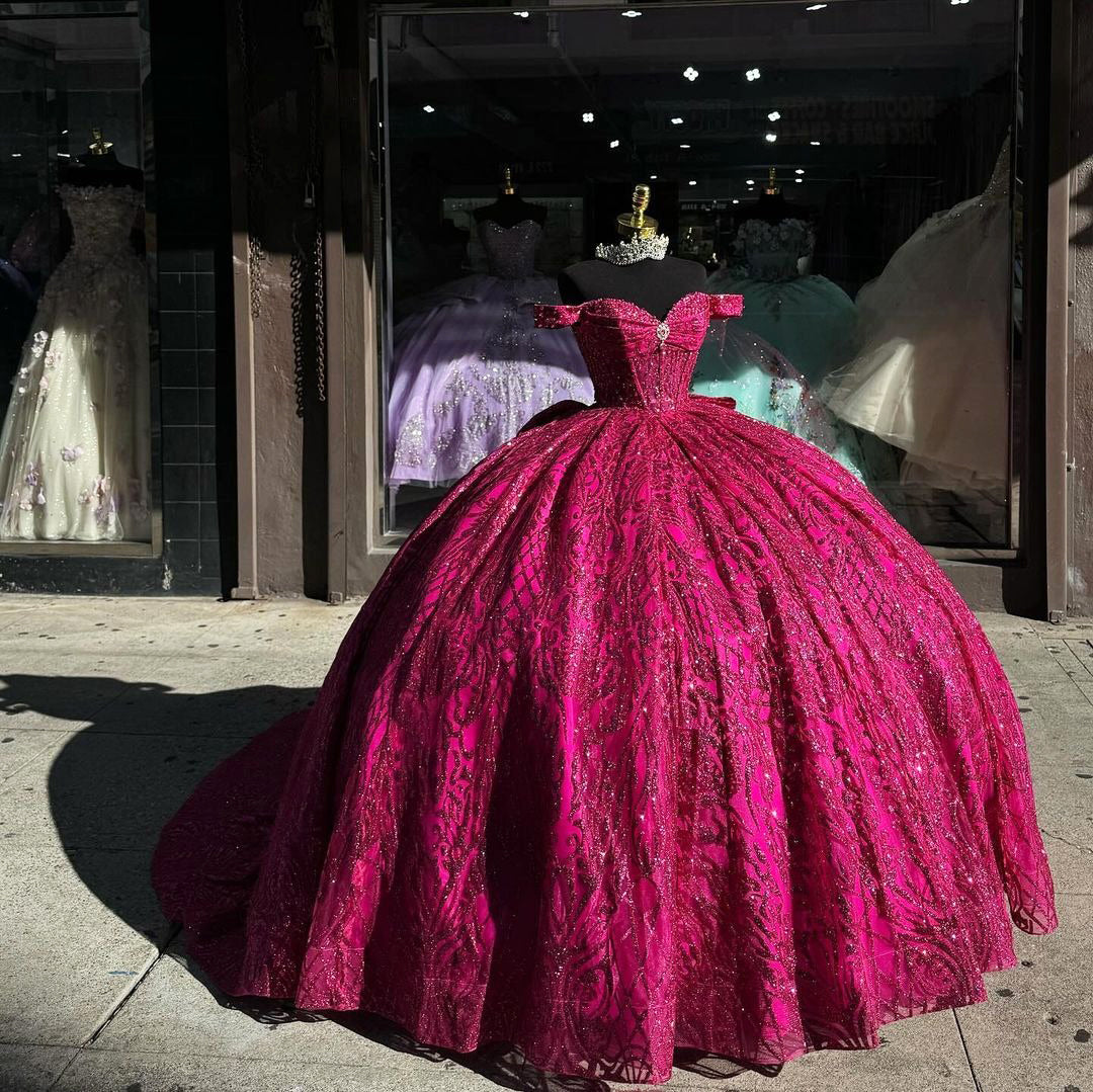 Chic & Modern Ball Gown Off Shoulder Sweetheart Neck Hot Pink Tulle Qu suzhoufashion Chic & Modern Ball Gown Off Shoulder Sweetheart Neck Hot Pink Tulle Qu suzhoufashion