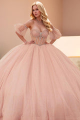 Chic & Modern Ball Gown Sweetheart Neck Detachable Half Lantern Sleeves Beaded Sequins Bow Knots Baby Pink Glitter Tulle Quinceanera Dress Birthday Party Princess Dress For Sweet 16