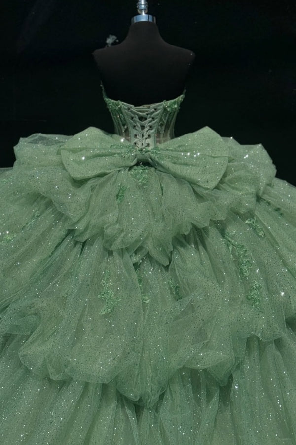 Chic & Modern Ball Gown Sweetheart Neck Lace Up Bow Knot Tiered Beaded Sequins Appliques Mint Green Sparkly Tulle Quinceanera Dress Birthday Party Gown For Sweet 16