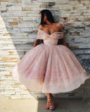 Chic Off-The-Shoulder Ball Gown Tulle Homecoming Dresses | Pink Puffy Short Prom Dresses On Sale