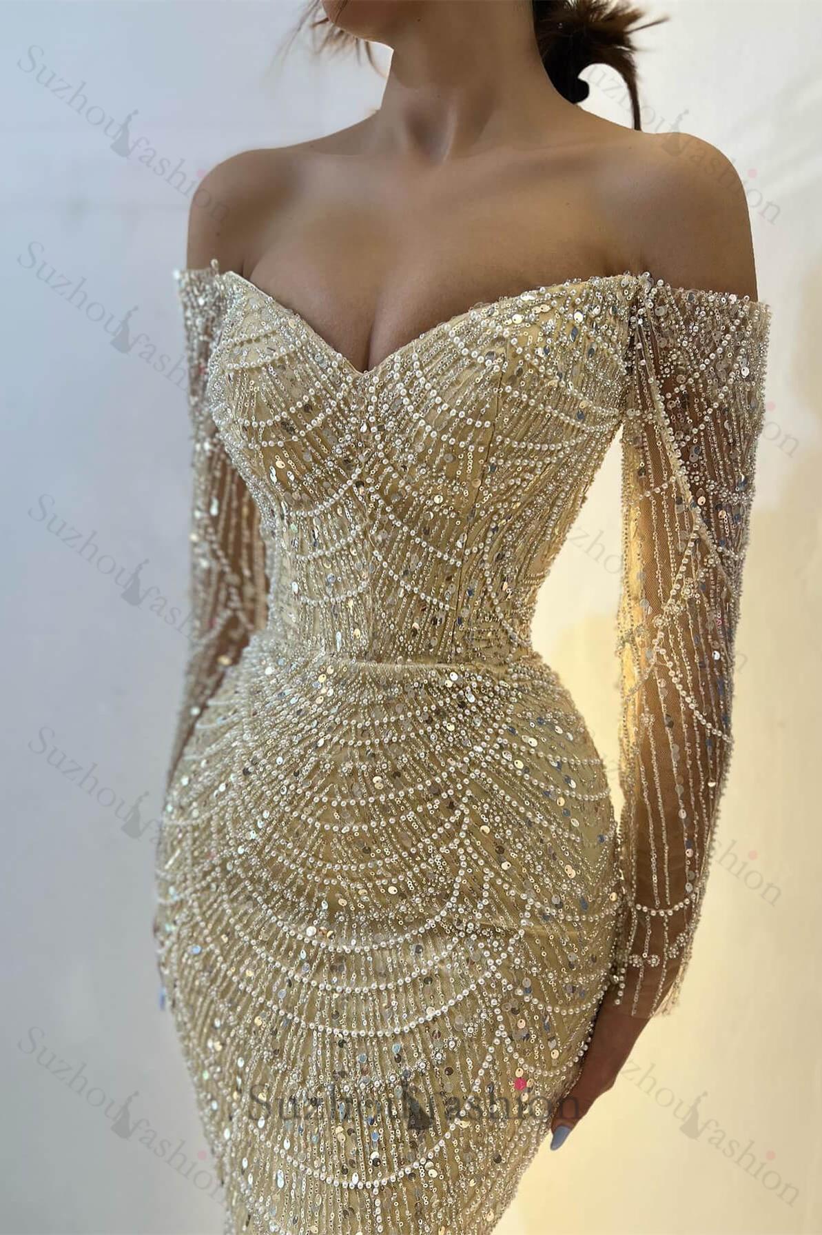 Chic Off-the-Shoulder Long Sleeves Prom Dress Mermaid Pearls With Beads