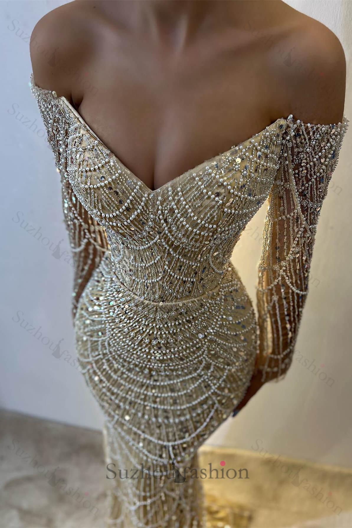 Chic Off-the-Shoulder Long Sleeves Prom Dress Mermaid Pearls With Beads