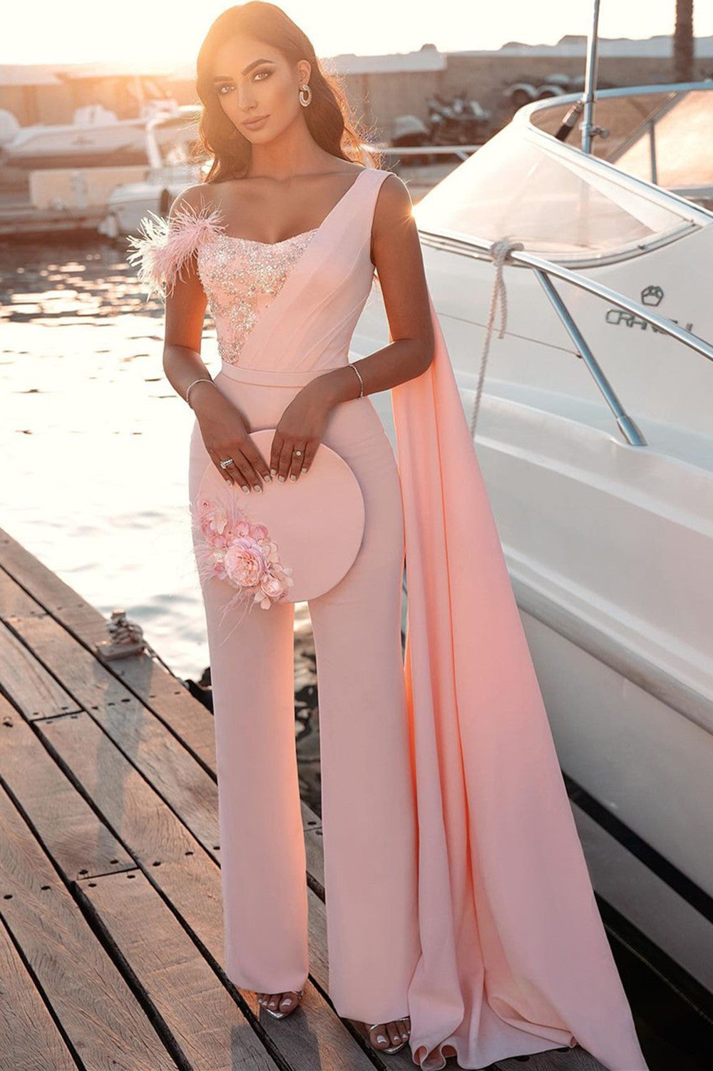 Chic One Shoulder Light Pink Sequins Sheath Prom Dresses With Fur