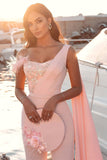 Chic One Shoulder Light Pink Sequins Sheath Prom Dresses With Fur