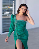 Chic One Shoulder Long Sleeve Prom Dress Mermaid Evening Gowns With Slit