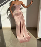Chic Pink Strapless Sequined Satin Evening Prom Dresses with Ruffles