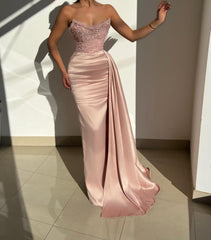 Chic Pink Strapless Sequined Satin Evening Prom Dresses with Ruffles